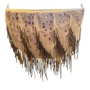 Vintage 1990s Cream & Bronze Beaded Fringe Satin-Finish Evening Bag Handmade